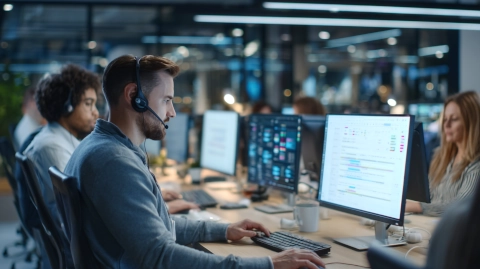 Customer support representative with headset providing outsourced call center services and software integration support.
