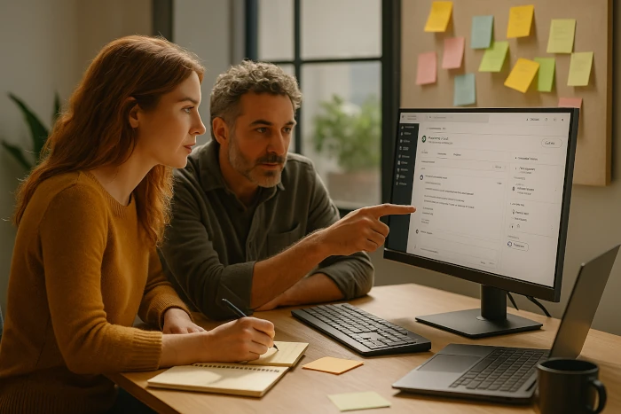 Man and woman collaborating at a computer, representing the step-by-step outsourcing process at Remote Ops Co from strategy to daily execution.