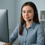 Female customer support representative with headset providing outsourced remote assistance.