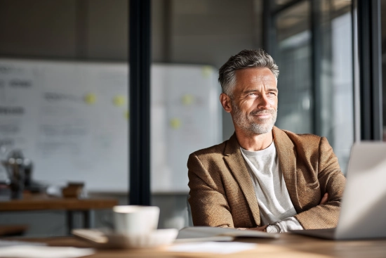 Man at office desk looking out the window with a confident, happy expression as sunlight streams in, representing elite, high-performance remote operations team.