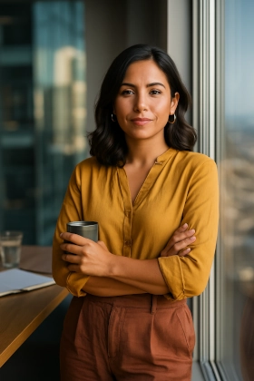 Smiling business manager holding a coffee cup by the window, representing the benefits of outsourcing customer support with Remote Ops Co.