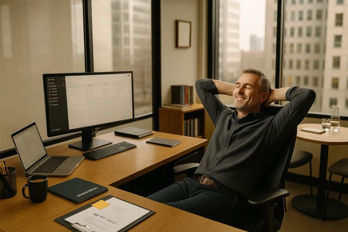 Business manager relaxing at his desk with hands behind head, symbolizing stress-free delegation and reliable outsourced support from Remote Ops Co.