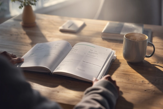 Business professional scheduling tasks in a diary with coffee mug on desk – symbolizing stress-free delegation with Remote Operations Co.
