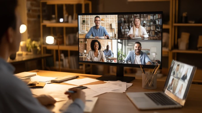 Man at desk with back to camera, monitor shows four people on a Zoom call, illustrating virtual support for short-term rental property management and portfolio operations.
