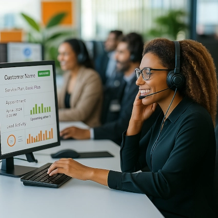Woman customer support agent wearing a headset speaking to a customer, providing Tier 1 support for rural isp