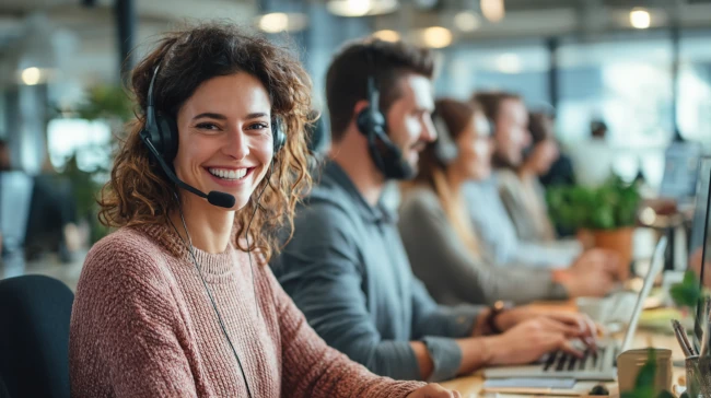 Team of customer support representatives at work, including a woman looking sideways, providing Tier 2 support for rural isp Customer Support Team in Action for complex customer issues