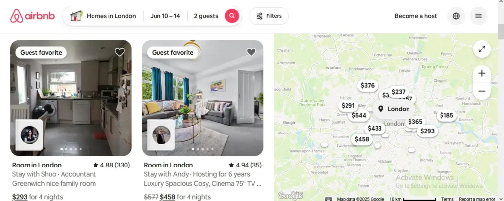 Screenshot showing property listings and map with pricing, representing outsourced short-term rental management for real estate funds, timeshare portfolios, and multi-unit operators managing Airbnb, Booking.com, VRBO, and Tripadvisor listings.