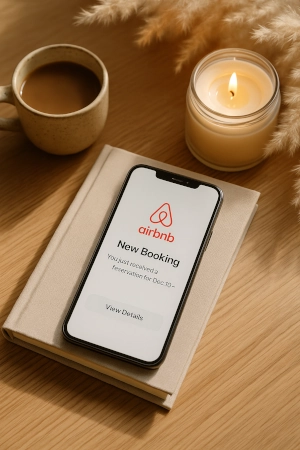 Mobile phone on desk displaying Airbnb app with message "Booking Confirmed", illustrating successful short-term rental management supported by Remote Ops Co virtual agents.