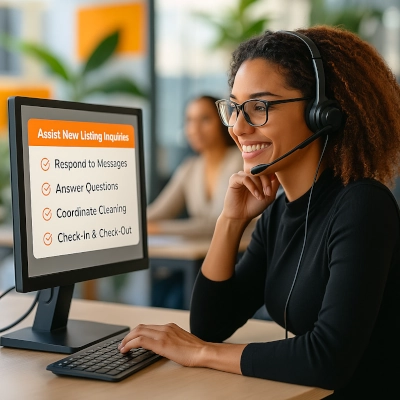 Woman with headset assisting a short-term rental guest on screen showing new booking tasks including responding to messages, answering questions, coordinating cleaning, and check-in/check-out. Supports single listings and multi-unit portfolios including real estate funds and timeshares.
